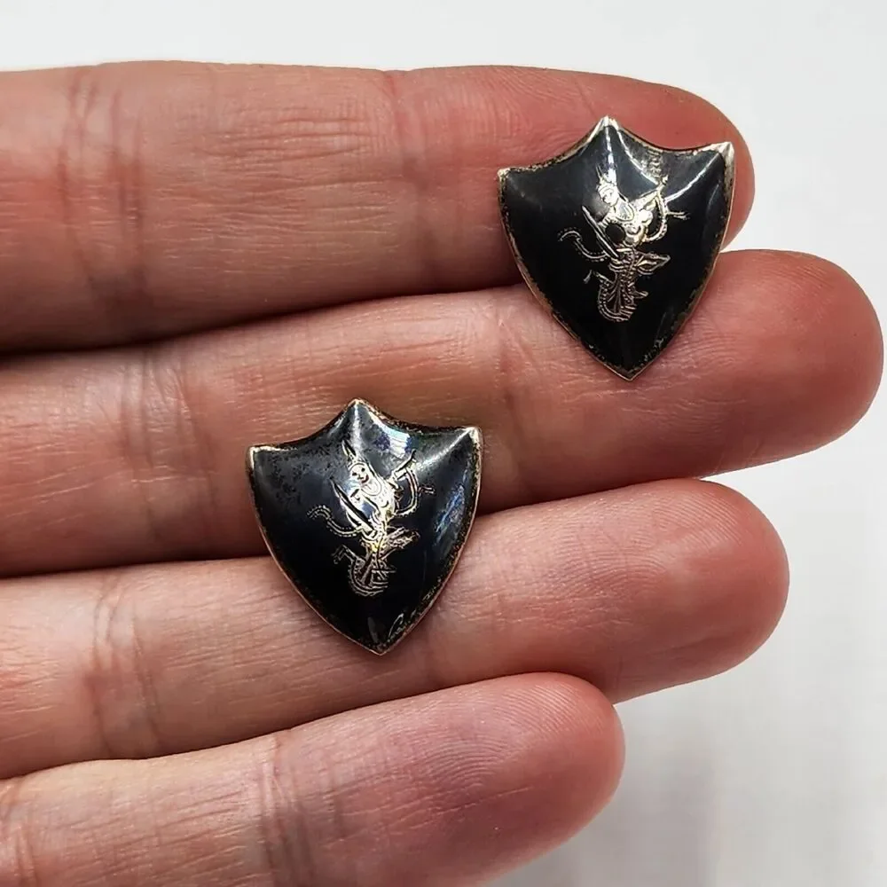 Vintage Siam Sterling Silver Niello Dancer In Shield Cufflinks